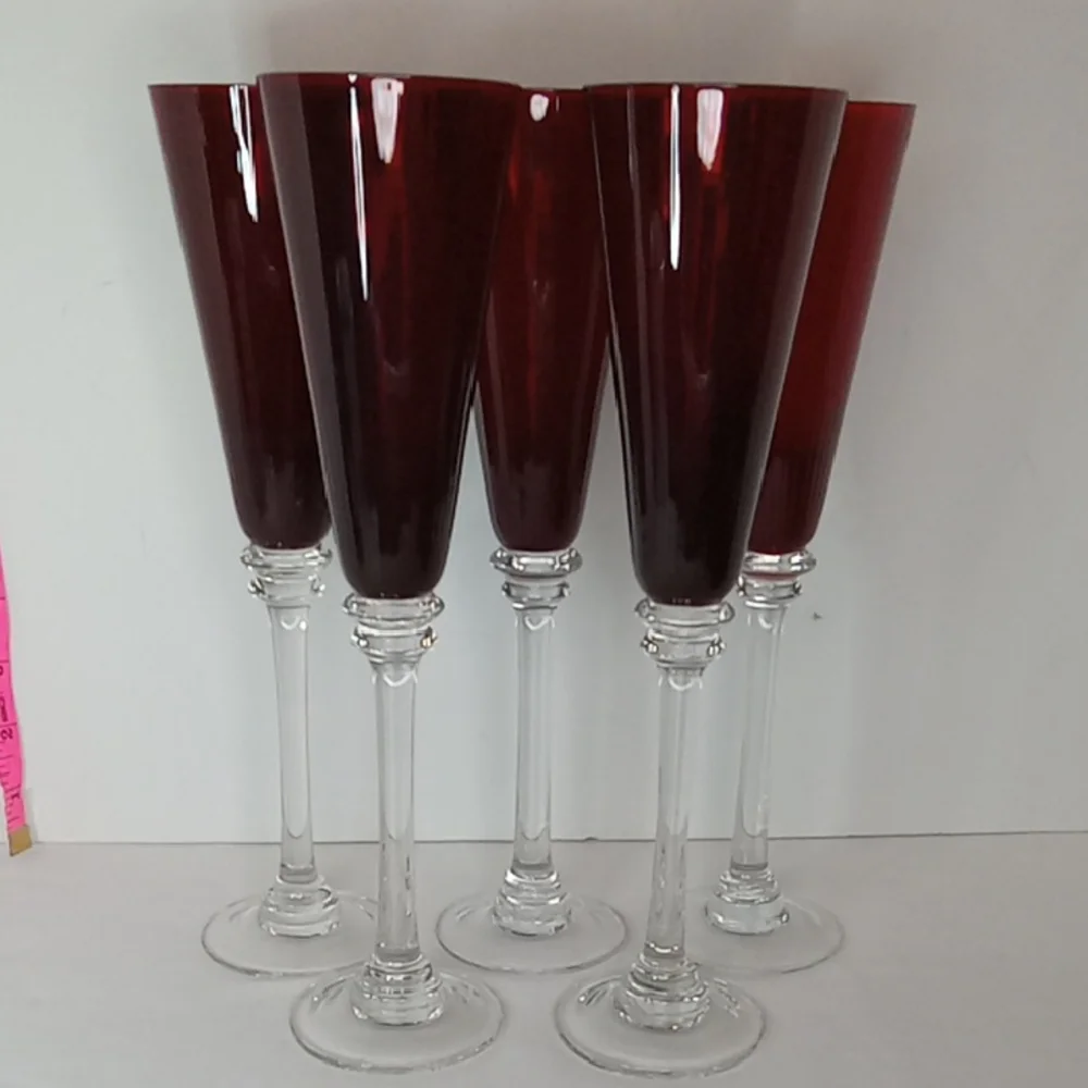 Vintage Ruby Red Ribbed Crystal Tall Stemmed Champagne Flutes Glasses Set Of 5